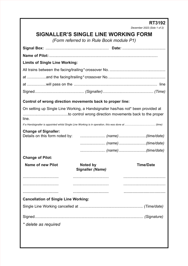 Signaller's single line working form December 2022 (Single pad)