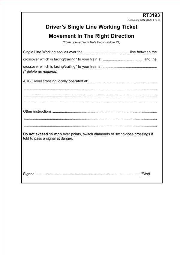 Drivers Single Line Working Ticket Movement.. December 2022 (Single pads)